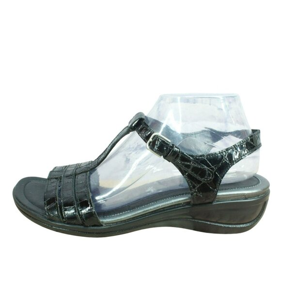 Ecco Sensata Black Embossed Leather T-Strap Casual Sandals Size 41 US 11 - Picture 1 of 10